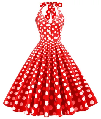 Productafbeelding van Vintage cocktailjurk uit de jaren '50 met stippen, halterneck, wijde rok en bloemenprint, met knoopsluiting