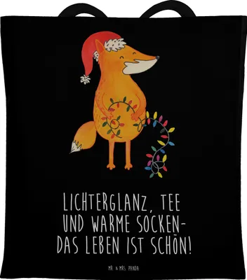 Produktbild von Mr. & Mrs. Panda dokumententasche Fuchs Weihnachten - Schwarz - Geschenk, Jutebeutel, Nikolaus, Tasche, Weihnachtsmann, Laptoptasche, Winter, Shopping, Heiligabend