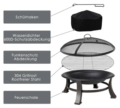 Immagine prodotto di Braciere da esterno - Camino da giardino - Rotondo, diametro 76 cm - Altezza 46 cm - Griglia per barbecue - Protezione antiscintille - Colore nero