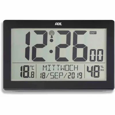 Zdjęcie produktu dla Zegar elektroniczny ADE z kalendarzem, termometrem, higrometrem i budzikiem, 22,5×3,5×14,5 cm