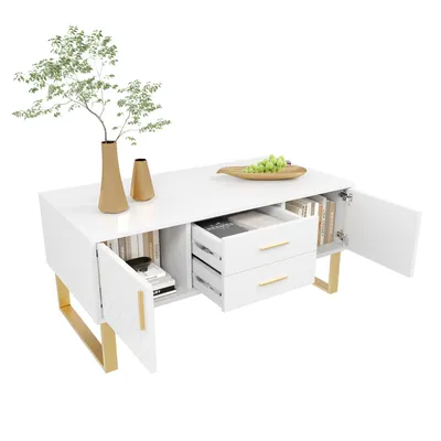 Produktbild von Couchtisch, Hochglanz-Couchtisch mit Schubladen, goldenen Griffen und Beinen. Spezielles Türverkleidungsdesign