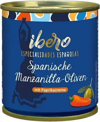 Produktbild von Ibero Grüne Manzanilla-Oliven mit Paprikacreme 85 G Dose  Vegan Glutenfrei  Fruchtig herber Geschmack