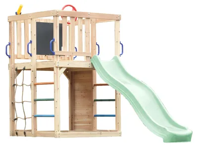 Produktbild von AXI Sam Klettergerüst aus Holz in Braun mit Rutsche in Pastellgrün | Spielturm / Spielplatz für Kinder mit Kletterwand, Kletternetz & Hangelstangen |