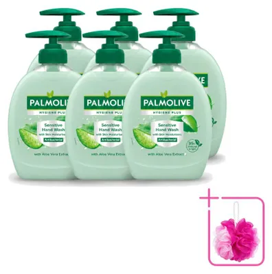 Imagen del producto de 6 unidades de jabón líquido para manos Palmolive Hygiene Plus Sensitive, con aloe vera, de 300 ml cada uno. Paquete económico