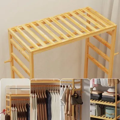 Obrázok produktu pre Vešiak na oblečenie z bambusu s kolieskami – 90x36x14 cm – Mobilný stojan na oblečenie a doplnky