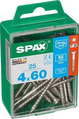Obrázek produktu pro Šroub SPAX z nerezové oceli, 4 x 60 mm, 25 kusů, s částečným závitem, se zápustnou hlavou, T-STAR plus T20, 4CUT, nerezová ocel A2 - 4197000400602