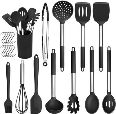 Produktbild von 22-teiliges Silikon Küchen-Utensilien-Set mit Utensilienhalter - Schwarz