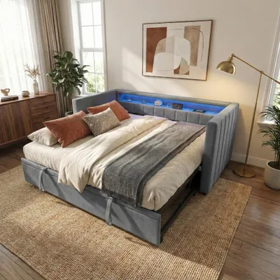Image de LVHOM Lit de jour extensible 90/180x190cm avec rangement et LED, Canapé-lit avec lit gigogne, Daybed en velours avec USB et sommier à lattes, Daybett, Gris