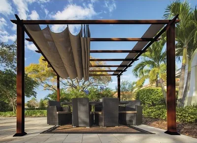 Image de Pergola en aluminium, pavillon Paragon Outdoor Florida 11x11 avec voile d'ombrage ajustable 320 x 320 cm aspect bois Cocoa