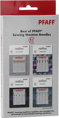 A box of Pfaff sewing machine needles, showing four different types of needle packs inside.