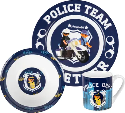 Image de PLAYMOBIL Set de petit déjeuner pour enfants - Police Team Police Set de vaisselle 3 pièces Assiette, bol & tasse en porcelaine