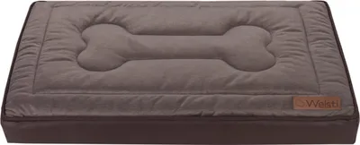 A brown orthopedic dog bed with a bone-shaped indentation on top, shown from a front-facing angle against a white background.