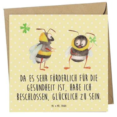 Produktbild von Mr. & Mrs. Panda Grußkarte Hummeln Kleeblatt - Gelb Pastell - Geschenk, Spruch schön, Hummel, Biene, Glückwunschkarte, doppelkarte, glücklich sein, Lustige Sprüche, Deko