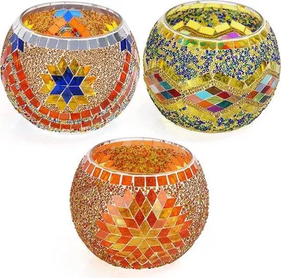 Imagen del producto de Juego de 3 portavelas para velas pequeñas Unyqoos® Mosaik-Glas – soportes de vidrio coloridos para velas votivas, de 10,2 x 7,8 cm, ideales para decoración de bodas, hogar y aromaterapia