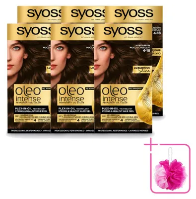 Imagen del producto de 6 tintes permanentes para el cabello SYOSS Oleo Intense 4-18, color marrón moka, pack económico, 6 unidades