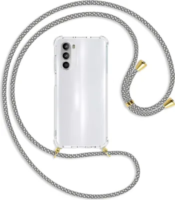 Produktbild von Handykette Backcover-Schutzhülle mit Band (Metall goldfarben) für Motorola Moto G52 / G82 - weiß/grau kariert