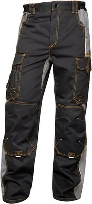 A pair of black and gray work pants with multiple pockets.