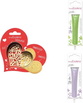 Produktbild von Herz-Relief-Plätzchen-Set + 2 hellgrüne und fliederfarbene Schokoladenstifte