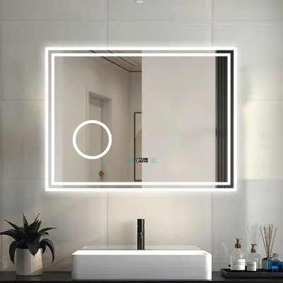 Produktbild von LED Badspiegel mit Beleuchtung 100x60cm Badezimmer Spiegel mit Uhr 3 Lichtfarbe 3-fache Vergrößerung Beschlagfrei Speicherfunktion Wandspiegel mit Touchschalter
