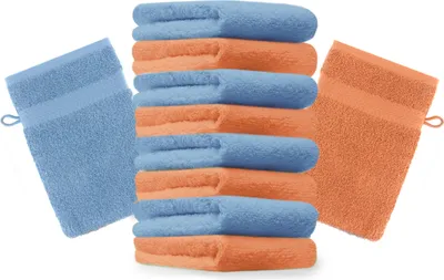 Produktbild von Betz 10 Stück Waschhandschuhe 16x21 cm PREMIUM 100% Baumwolle Farbe: orange und hellblau