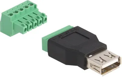 Produktbild von DeLOCK USB 2.0 Typ-A Buchse zu Terminalblock Adapter 2-teilig, USB 2.0 Type-A, 1 x 5 pin, Schwarz, Grün