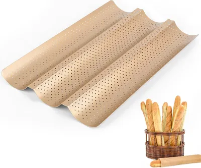 Produktbild von 1 STKBaguette Backform, Baguette-Backblech, Br?tchen Backform Baguetteblech Antihaft fš¹r 3 Baguettes, Baguetteform mit Antihaftbeschichtung, Baguette Blech fš¹r Br?tchen(Gold)