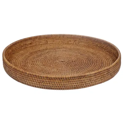 Produktbild von Tablett Rattan rund Ø 48 cm - großes rundes Serviertablett / Dekotablett aus geflochtenem Rattan - handgefertigt