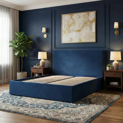 Produktbild von Polsterbett PAOLA 140x200 – Modernes Doppelbett mit Kopfteil und Holzlattenrost, ohne Bettkasten Blau Samt