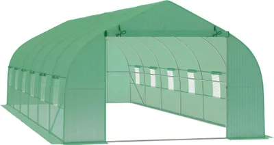 Image de Outsunny Serre de jardin tunnel 24 ㎡ grande taille 8 x 3 x 2 m avec bâche PE cadre en acier galvanisé Ø 24 mm  porte enroulable et 12 fenêtres vert
