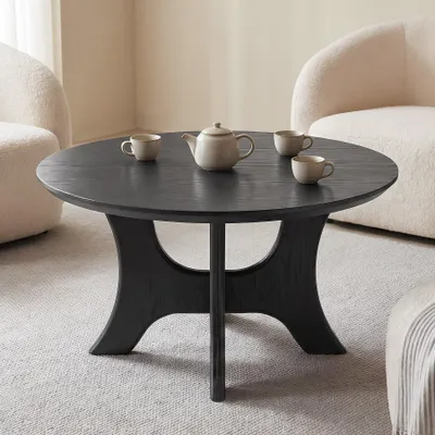 Produktbild von Runder Couchtisch 80 cm, Mid-Century-Modern-Design, Tischplatte in Holzoptik, stabil, Schwarz