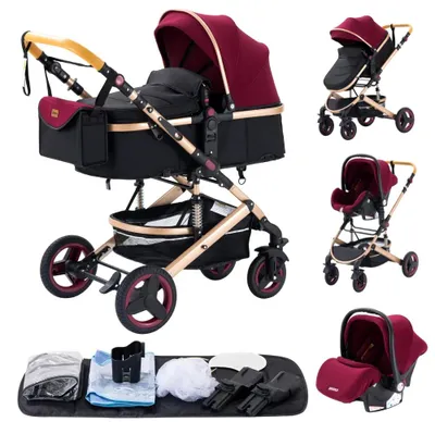 Imagen del producto de Cochecito infantil 3 en 1 - Modelo H530 - Para niños de 0 a 3 años - Plegable - Compatible con portabebés - Capacidad de carga hasta 20 kg - Color: rojo