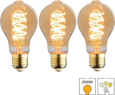 Produktbild von 3-er Set LED-Lampen E27 | 3-stufig dimmbar | 3,5 Watt | 2000K extra warmweiß | A60 | Bernstein | Spiralwendel | Lybardo