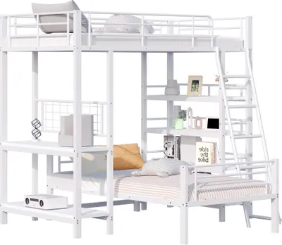 Produktbild von Etagenbett Metallrahmen 90x200cm Ohne Matratze Multifunktionsbett Mit Mehreren Ablagefaechern Weiss