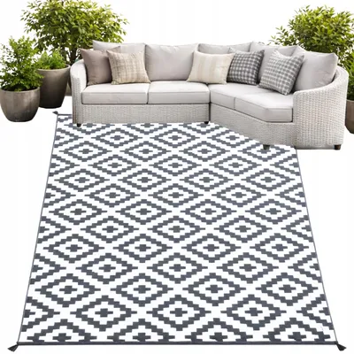 Produktbild von Outdoor Teppich 160x230 Wasserdicht - Balkon Terrasse Wendbar - Grau Weiß