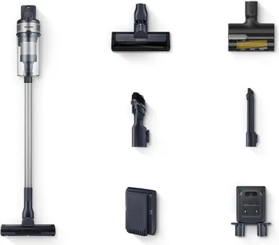 A collection of vacuum cleaner parts and accessories arranged on a white background.