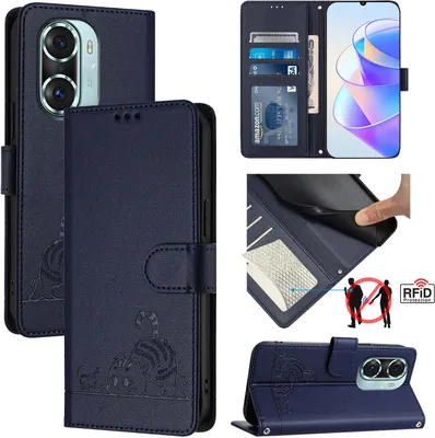 Produktbild von Leder Hülle für Honor 60 Pro Süße Katze Flip Case Brieftasche Schutzhülle mit Standfunktion Blau