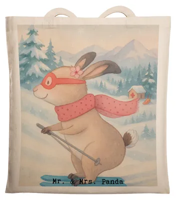 Produktbild von Mr. & Mrs. Panda Schultasche Hase Skifahren Design - Weiß - Geschenk, Jutebeutel, Ski fahren, Skirennen, Skiwettbewerb, Tasche, Tote Bag, Shopping, Jutetasche, Skisport