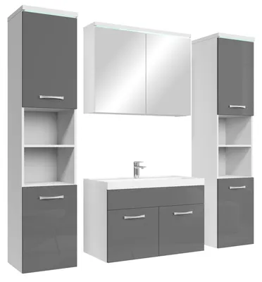Produktbild von Badplaats Badmöbel Komplettset Paso XL LED 80 x 40 cm Weiß mit Grau Hochglanz - Badezimmermöbel mit Waschbecken, Spiegelschrank und 2 Badezimmerschränke