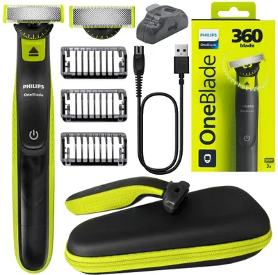 Produktbild von Philips OneBlade 360 QP2724/23 Herrenrasierer schwarz grün, 3 in 1, Reisetasche, 3 Kämme 1 mm 3 mm 5 mm, USB-Ladegerät, wasserdicht, zum Formen der Gesichtsbehaarung