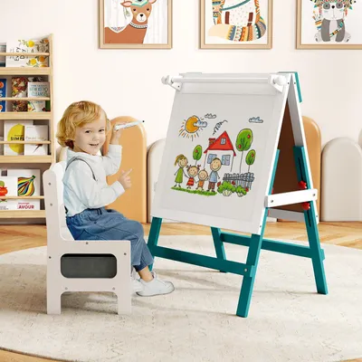 Image de COSTWAY Chevalet pour enfants avec chaise, Tableau pour enfants réglable en hauteur avec ardoise & tableau blanc, barres magnétiques&panier de rangement, pour enfants 3+ Vert