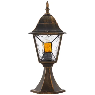 A single outdoor lamp with a black and gold finish and textured glass panels.