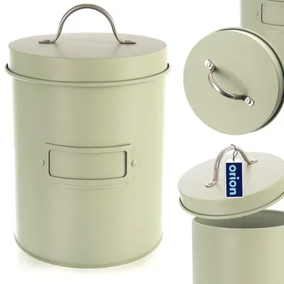 A collage of images showing a green metal storage container from different angles, including a close-up of the lid and a tag attached to the handle.
