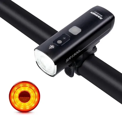 Immagine prodotto di Kit di illuminazione per bicicletta, anteriore e posteriore, con faretto da 1500 lumen e fanale posteriore intelligente, ricaricabile tramite USB-C, adatto per biciclette da strada, mountain bike e biciclette da città