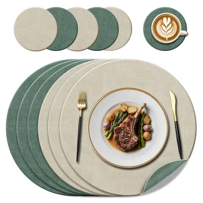 Productafbeelding van Set van 6 ronde leren onderzetters en placemats, hittebestendig en waterdicht