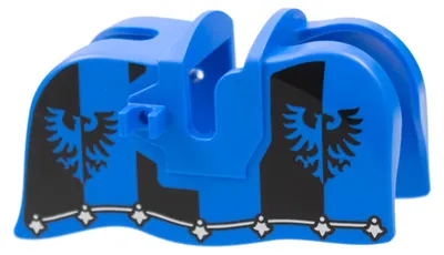 Imagen del producto de [N] Armadura para caballo azul, con bordes lisos y un emblema de "Águila Negra" en paneles parcialmente s y un patrón de borde plateado