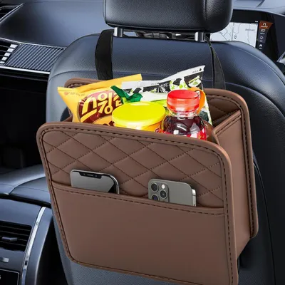 Immagine prodotto di Organizzatore per sedili auto e portabottiglie, colore marrone, impermeabile, in pelle, dimensioni 25x8x25 cm