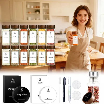 Produktbild von Gewürzgläser Set - 12 Gewürzdosen - 120 ml eckig - Luftdicht BPA-frei - Glas mit Akazienholzdeckel - Mit wasserfesten Etiketten für die Küche