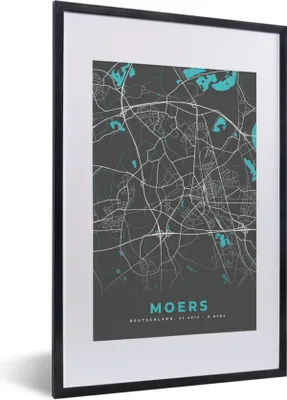 Produktbild von MuchoWow® Gerahmtes Poster Karte - Moers - Blau - Stadtplan - Deutschland 40x60 cm - Poster mit Schwarzem Bilderrahmen Wandposter Rahmen Foto Bilder - Poster in Rahmen