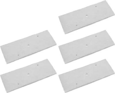 Five white rectangular filters with small holes are arranged on a white background.