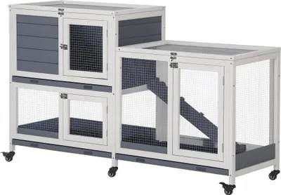 Image de Clapier à lapins en bois - Avec roulettes - Toit ouvrant - 2 compartiments - 147 x 45,5 x 88,5 cm - Gris